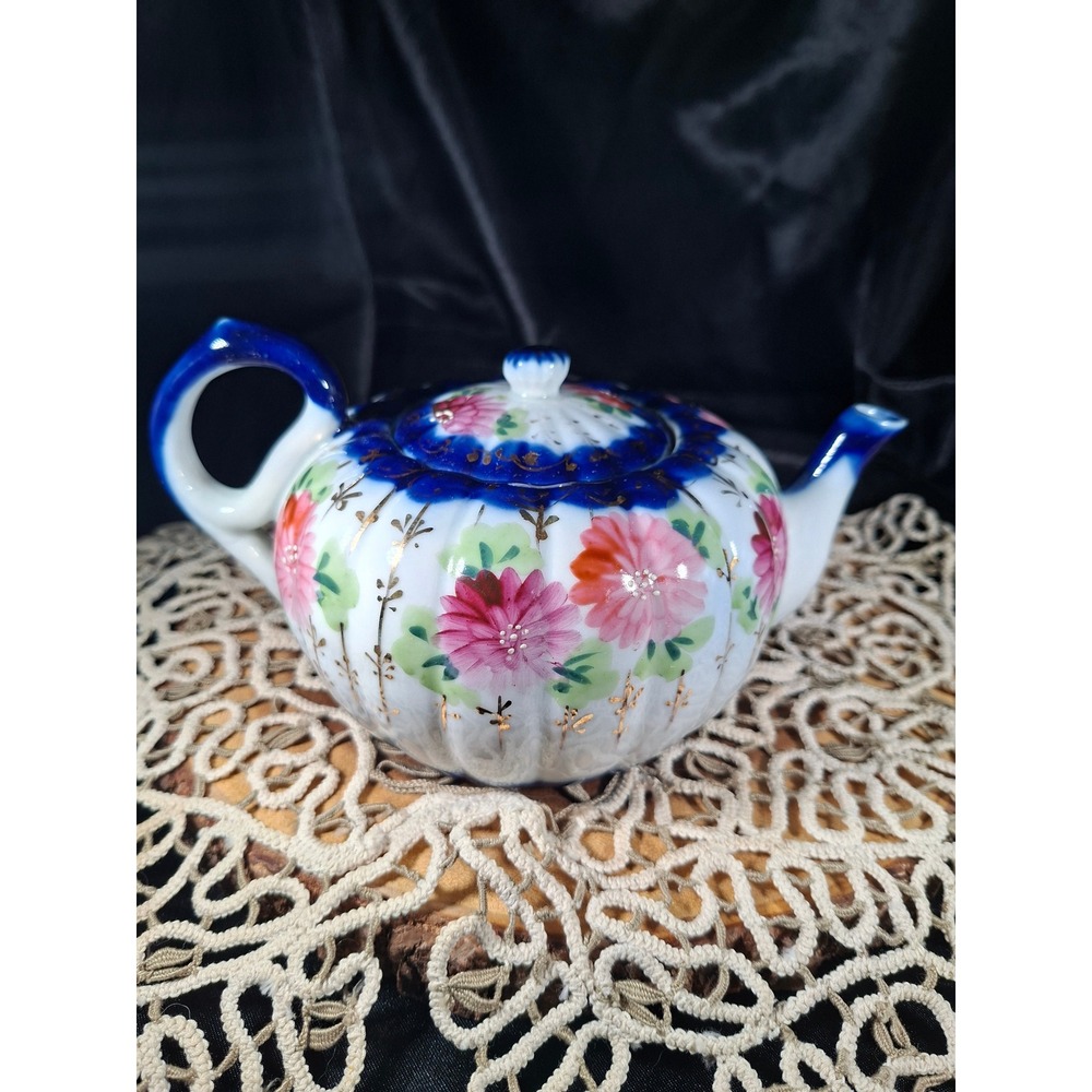 Vintage Hand Painted Porcelain Teapot Cobalt Blue Floral Gold Gilt Melon Shaped